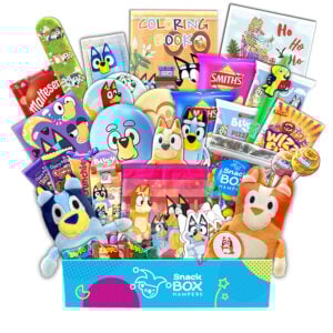 a bluey australian christmas gift hamper with bluey toys and snacks