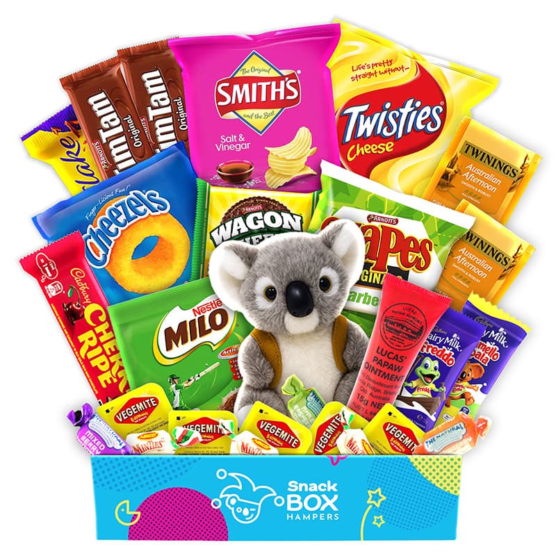 a gift hamper filled with australian snacks and merchandise and australian products