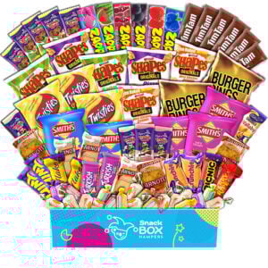 a large gift box with stacks of small australian snacks to share