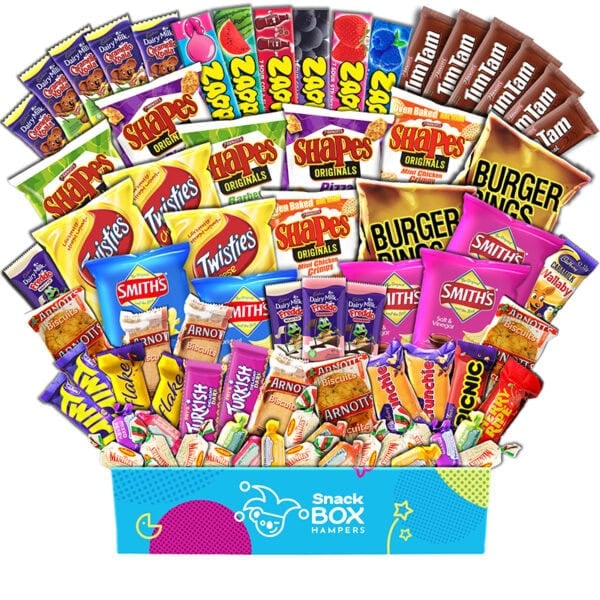 a large gift box with stacks of small australian snacks to share