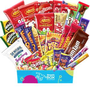 a gift box with various sweet australian snacks and lollies and chocolate