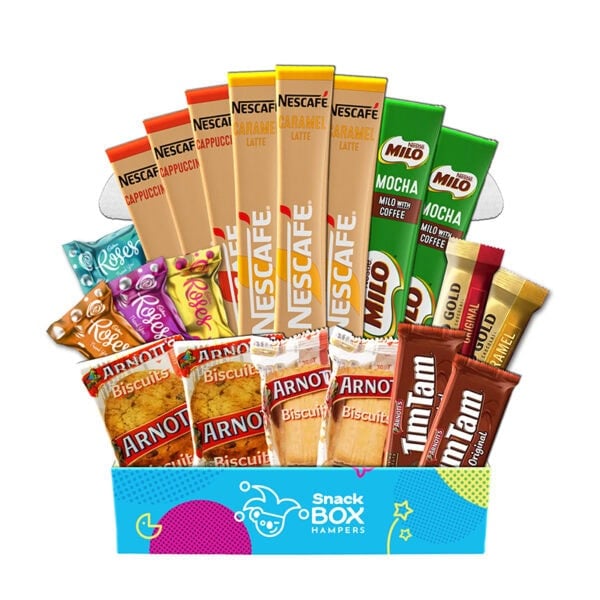 a small gift box with australian coffee sachets and snacks