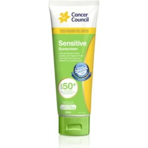 cancer council spf 50+ sensitive sunscreen tube 110ml (green lid)