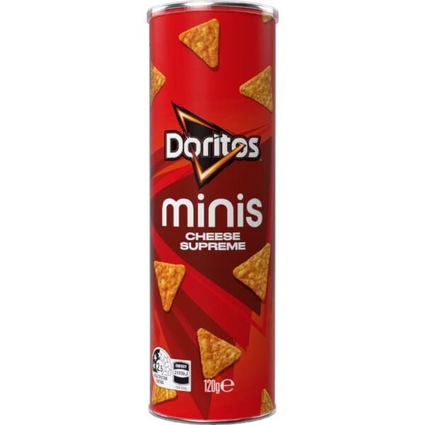 doritos minis cheese supreme corn chips canister 120g