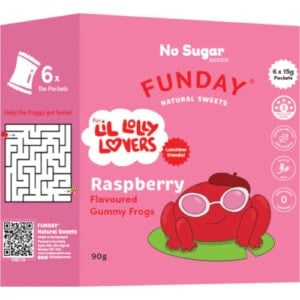 funday kids raspberry gummy frogs 15g x 6 pack