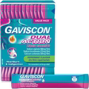 gaviscon dual action heartburn relief liquid satchets peppermint 24 pack