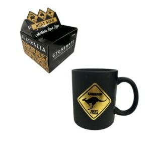 kangaroo road sign black ceramic mug
