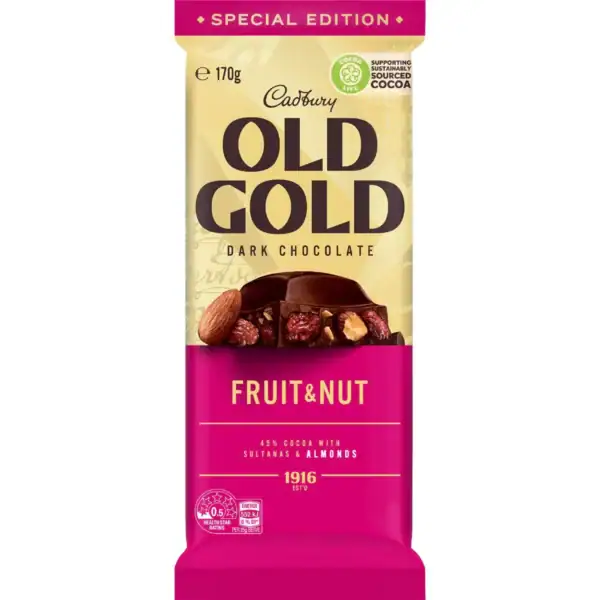 Cadbury Old Gold Fruit & Nut Dark Chocolate Block 170g