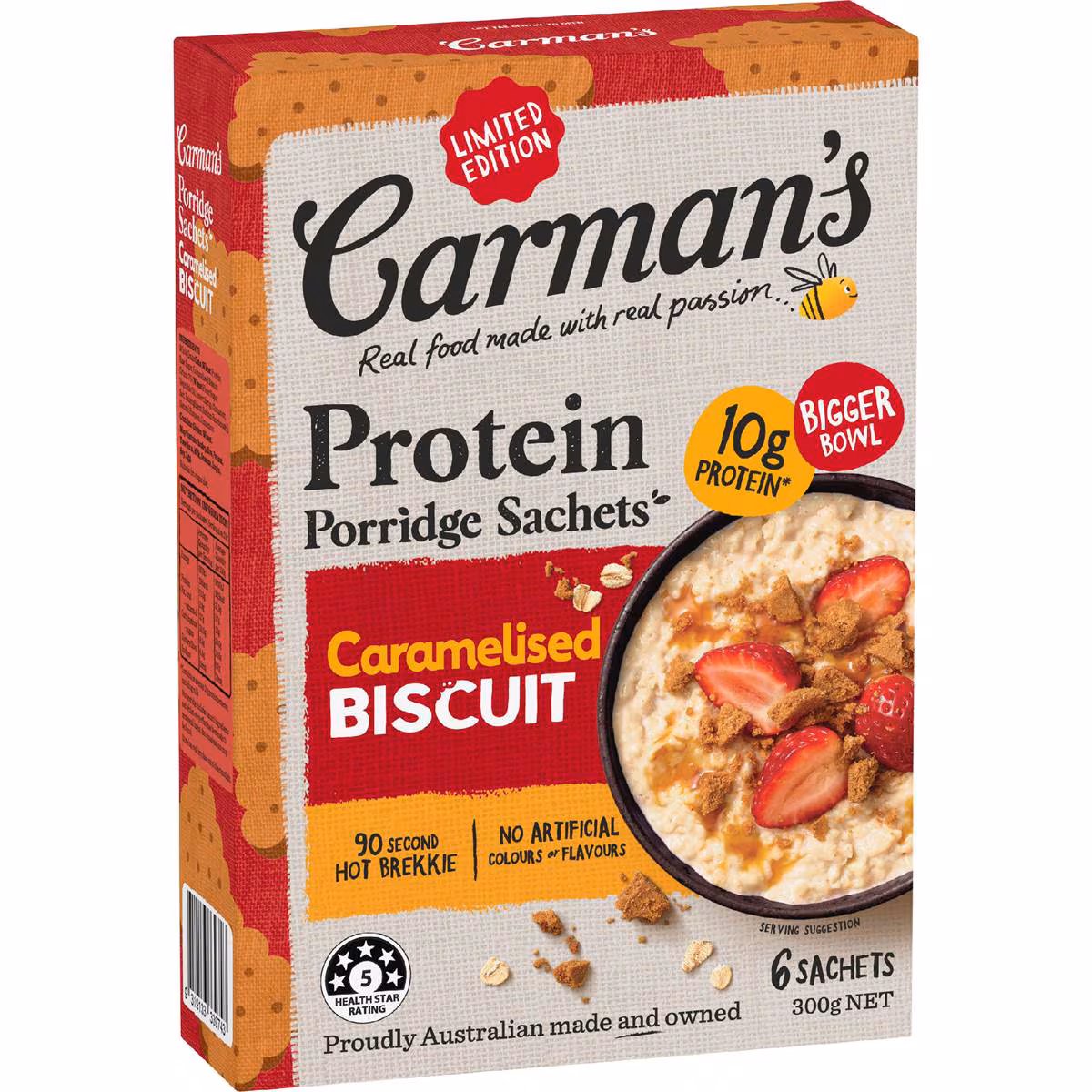 Carman's Protein Porridge Sachets Caramelised Biscuit 6 pack