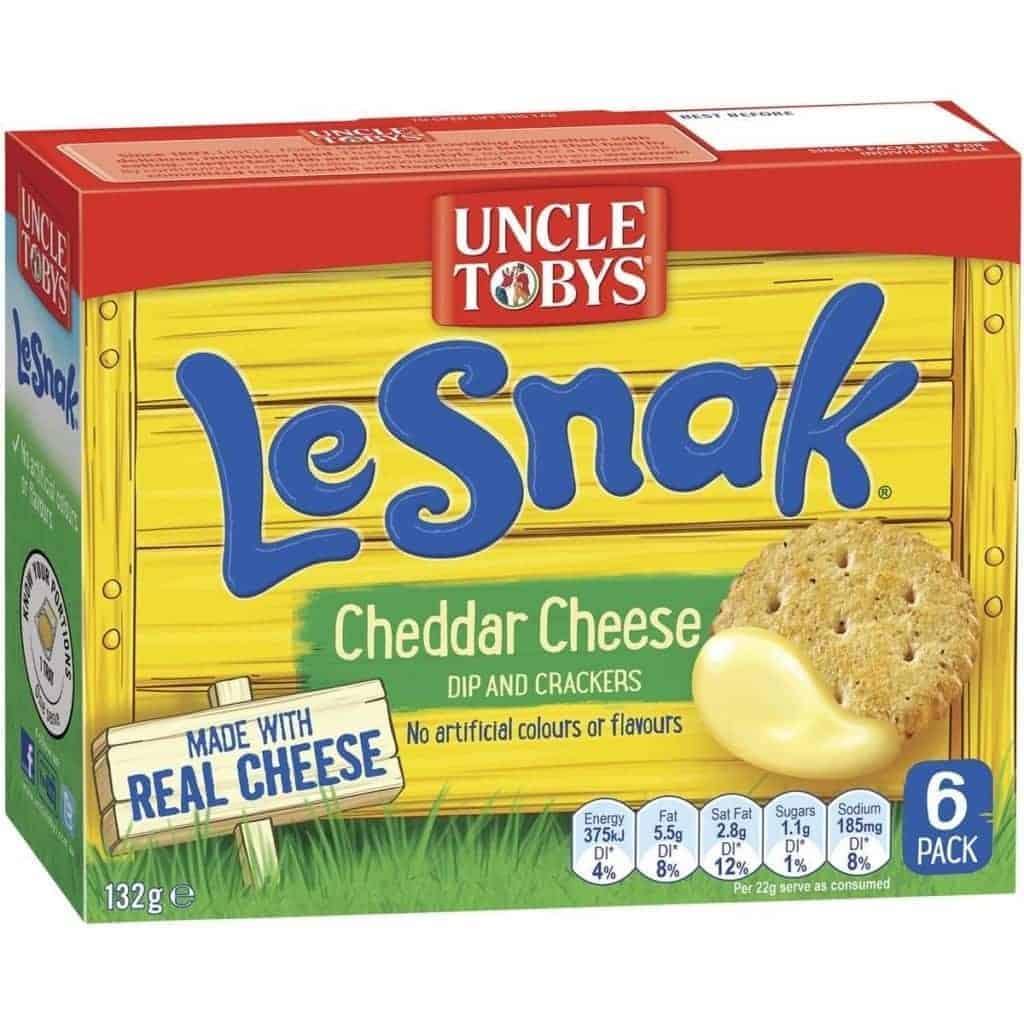Buy Bulk Uncle Tobys Le Snak Cheddar Cheese Dip & Crackers 6 pack (4.